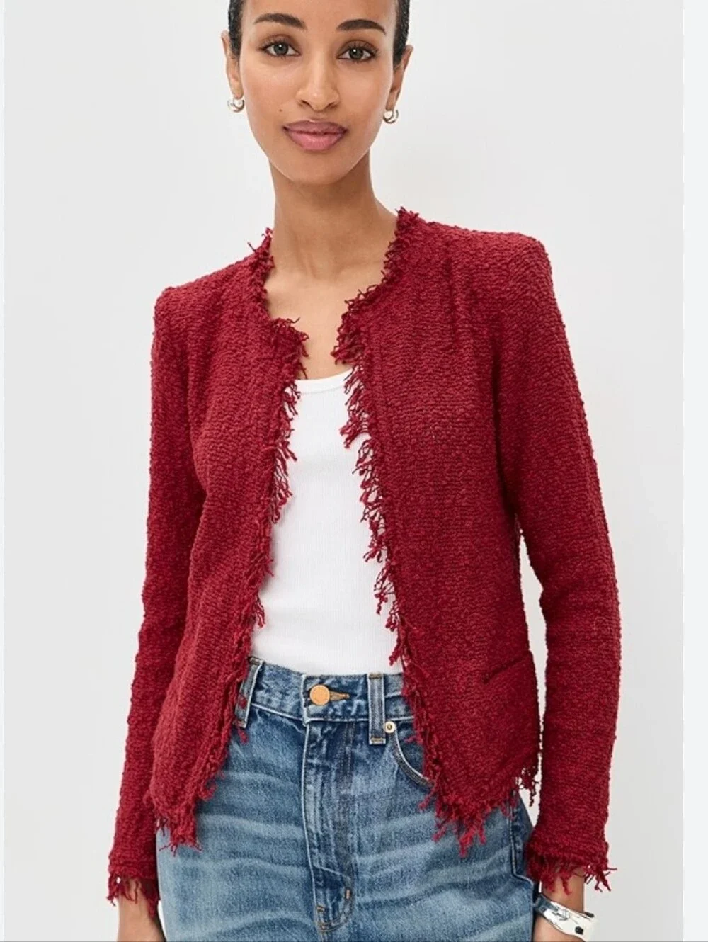 Iro Shavoni Fringe Hem Knit Cardigan Dark Red Size 40 / US 8 - Picture 3 of 10